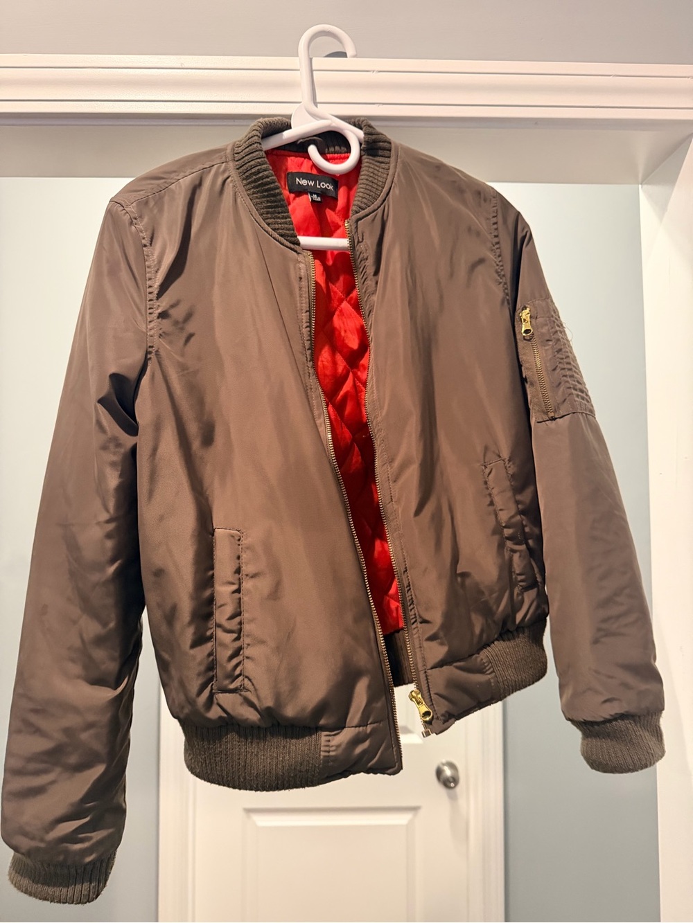 New Look Women's Khaki Bomber Jacket with Red Quilted Lining